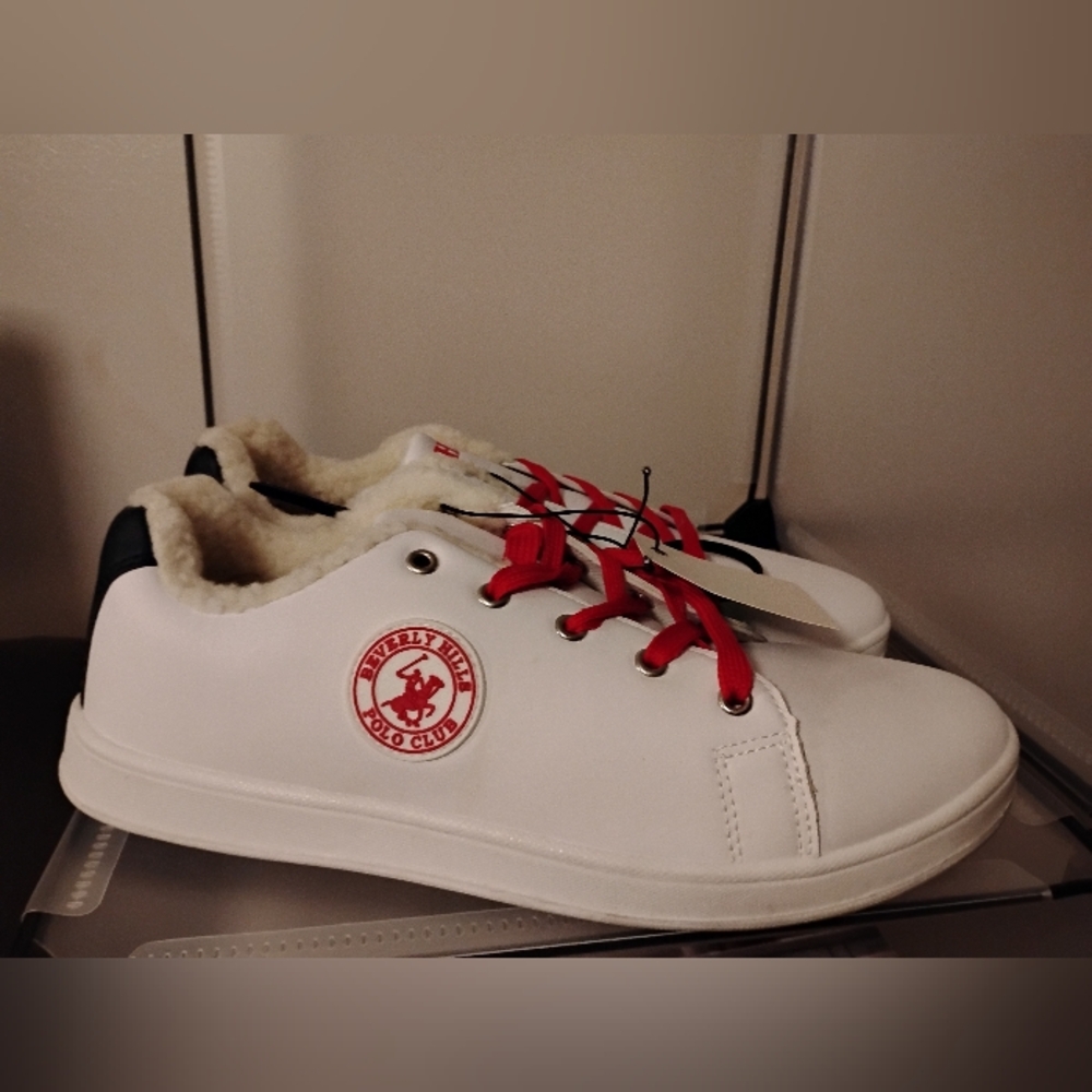 New Beverly Hills Polo Club Women Lace Up White Sneakers with Red Accents Size10